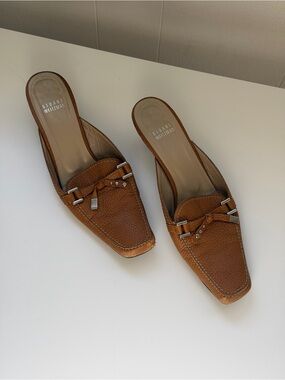 Stuart Weitzman Vintage Leather Square-Toe Mules